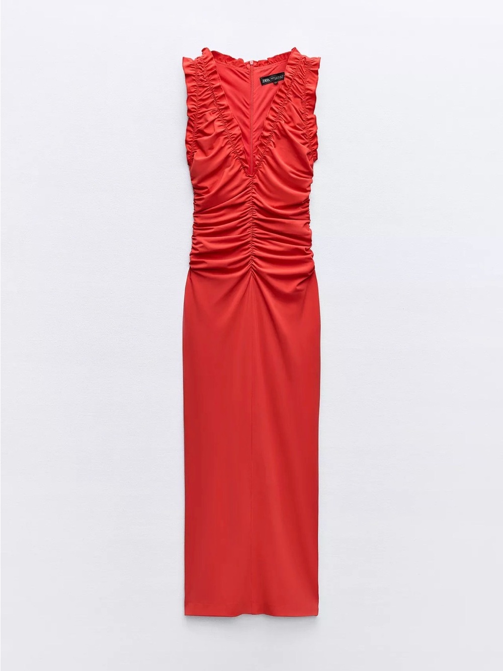 Zara Intense Red Ruched V-Neck Midi Dress, zipper in back. NEW WITH TAGS